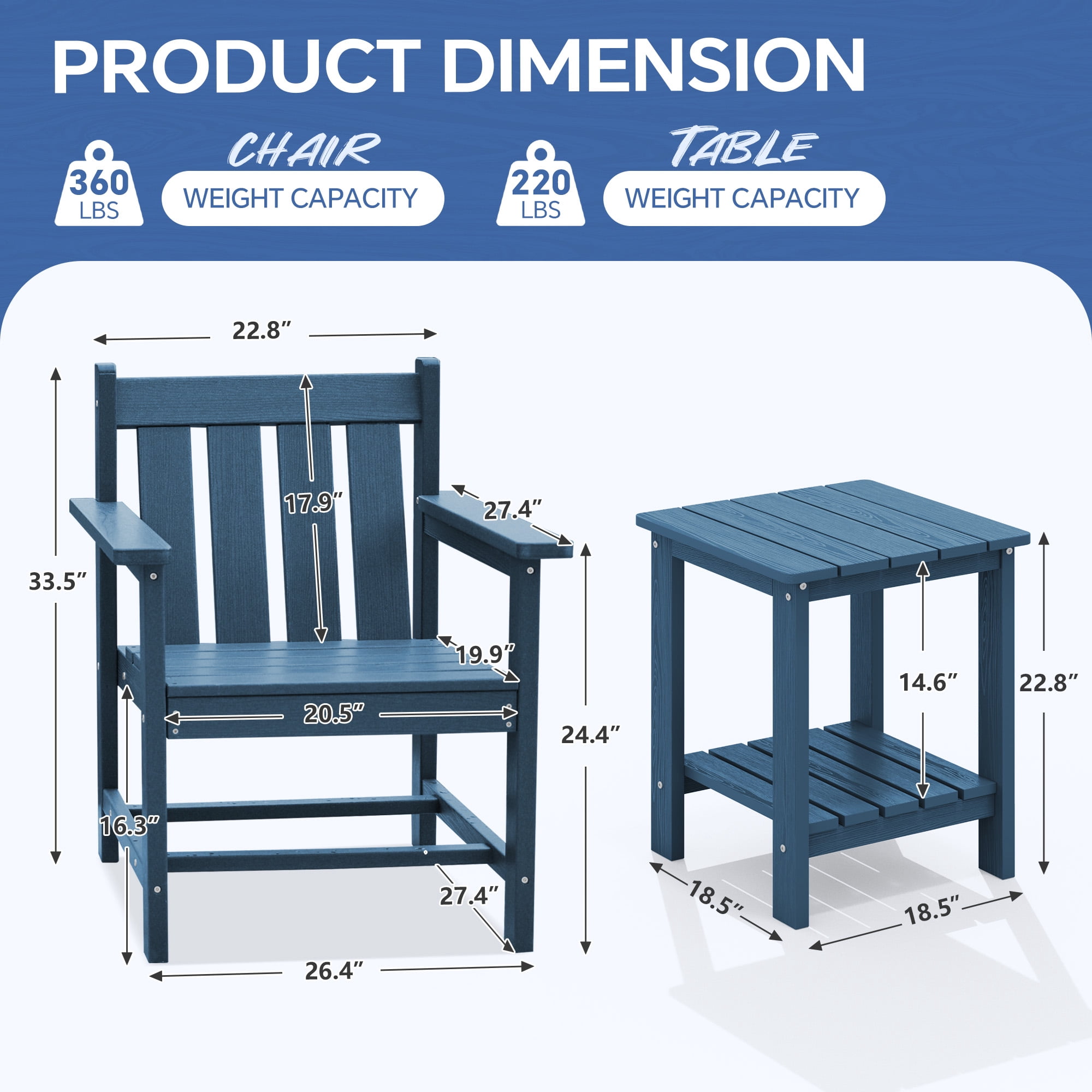 SERWALL 3 Piece Patio Furniture Set,HDPE Outdoor Bistro Set with Coffee Table and Chair for the Patio,Navy