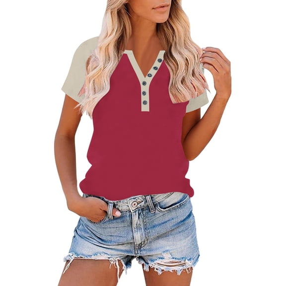 HongQid Women's V Neck Button Short Sleeve T Shirts Casual Basic Summer Henley Tees Shirts Loose Fit Tunic Tops
