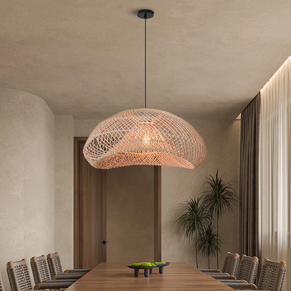 LittleGlovo Handmade Wabi-Sabi Rattan Woven Dining Room Pendant Lamp Wicker Light Fixture