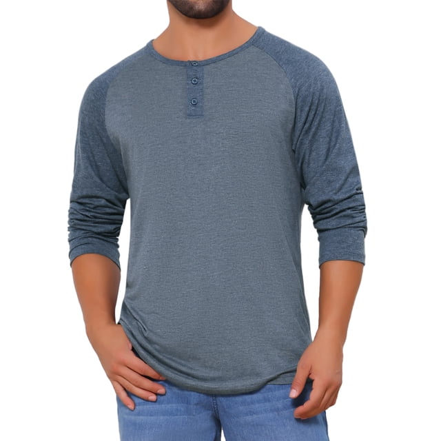 Camisetas de manga larga Raglan casual para hombres INSPIRE CHIC, estilo Henley, XL, azul oscuro