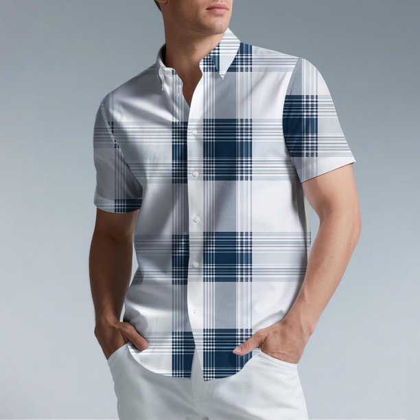 Blusa y camisa de manga corta con cuello vuelto para hombre, camisa informal con botones y estampado a cuadros, de manga corta y solapa.