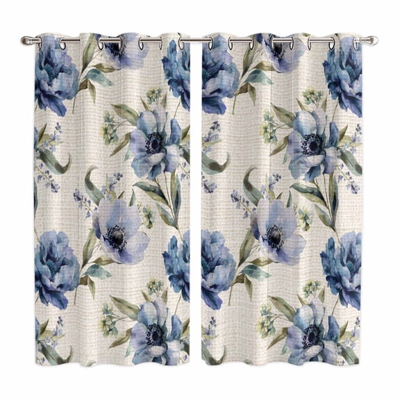 Navy Blue Floral Kitchen Curtains Window Panels, Vintage Flowers Elegant Pastoral Rustic Insulated Window Treatment Curtain, Grommet Curtains for Bedroom/Living Room/Bathroom, 2 Piece 52"Wx84"L