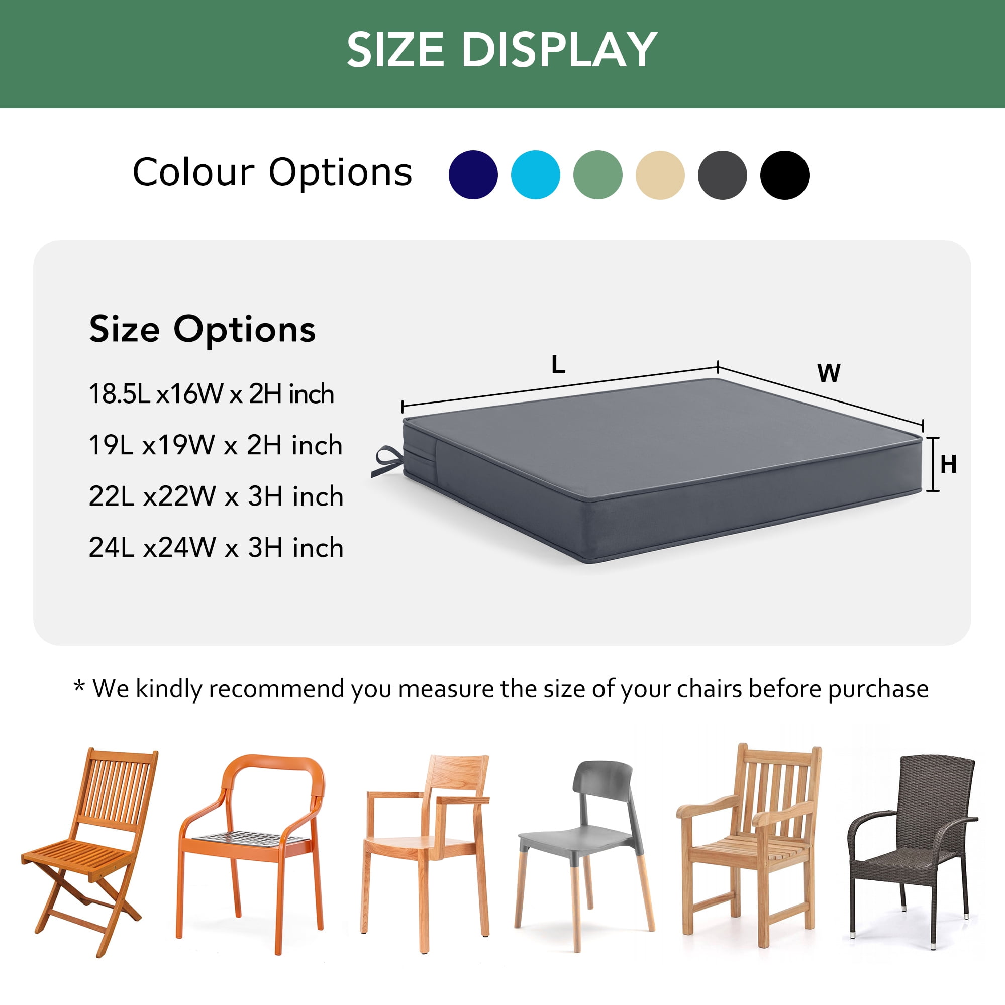 Outdoor Chair Cushions Set of 4, Waterproof & Fade Resistant Deep Seat Cushion for Patio Furniture - 24 x 24 Inch Chair Pads with Ties and Hidden Zipper, Dark Grey
