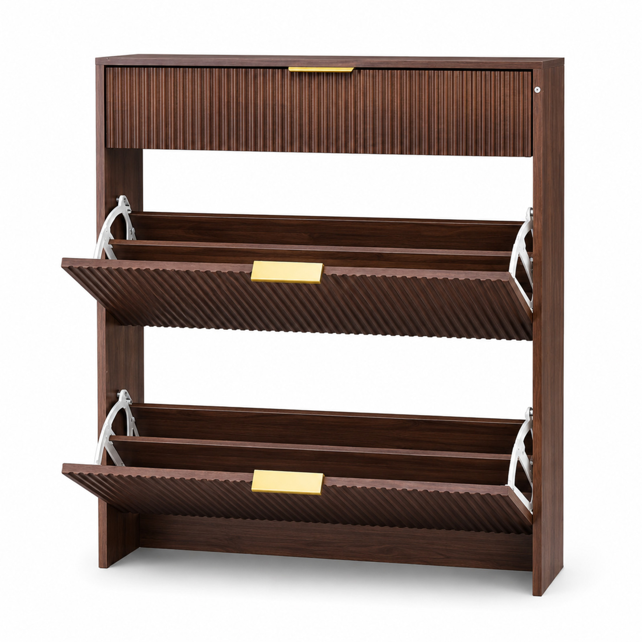 GDF Studio Solus Narrow Fluted Shoe Storage Cabinet with Gold Pull Handles, Modern Slim Hallway Organizer, Walnut