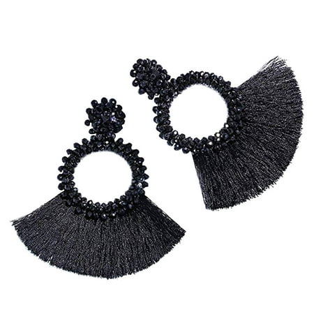 - Iuhan Hoop Tassel Earrings for Women Statement Handmade Beaded Fringe Dangle Earrings