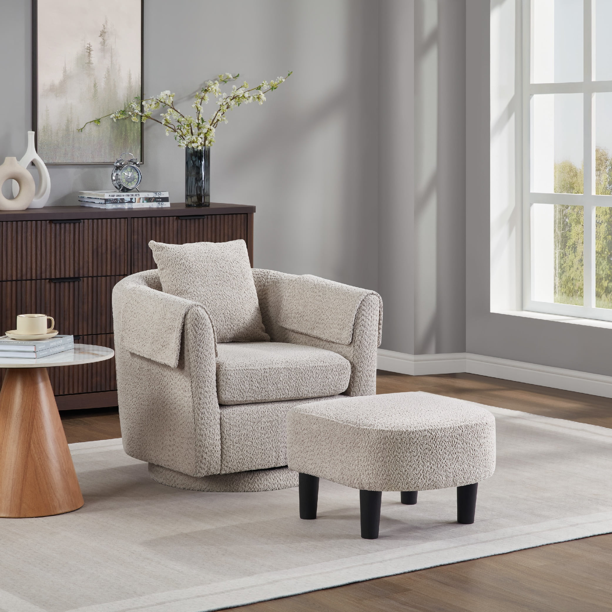 MAYEERTY Swivel Accent Chair with Ottoman, Chenille Barrel Chair for Living Room/Office, Gray
