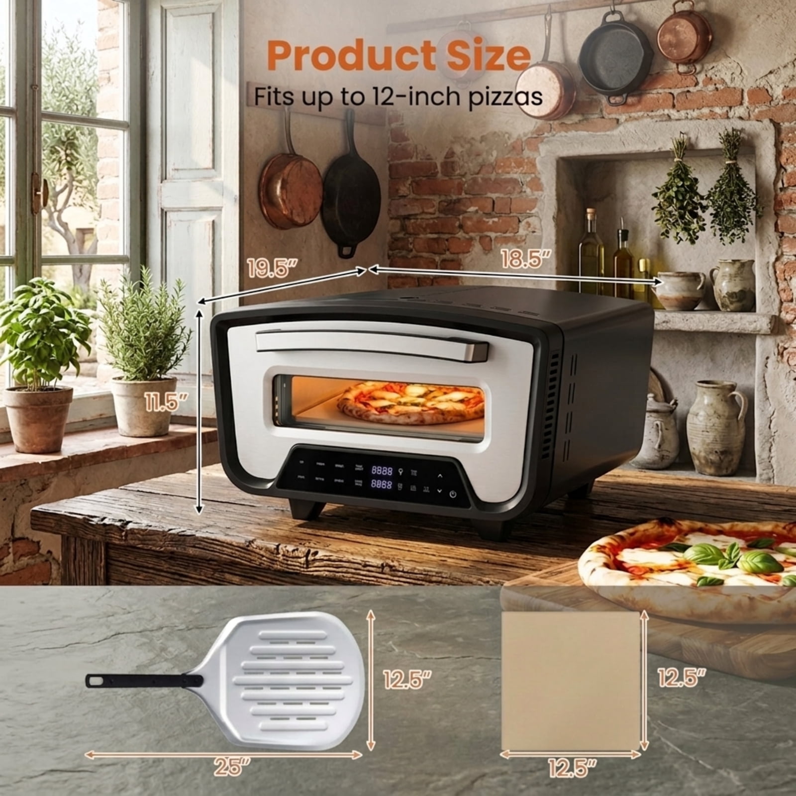 RUIE Indoor Electric Pizza Oven for 12 Inch Pizzas, 1700W Countertop Pizza Maker with 8 Presets 850F Pizza Stone and Peel for Home Kitchen, Black