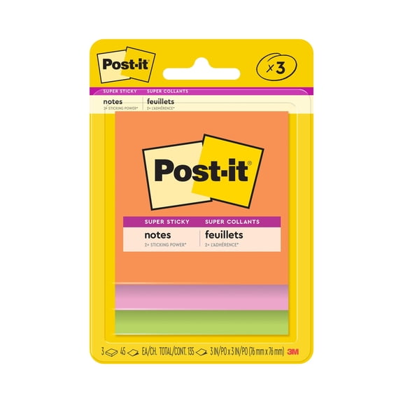 Post-it Super Sticky Notes, 3 in. x 3 in., Rio de Janeiro, 3 Pads