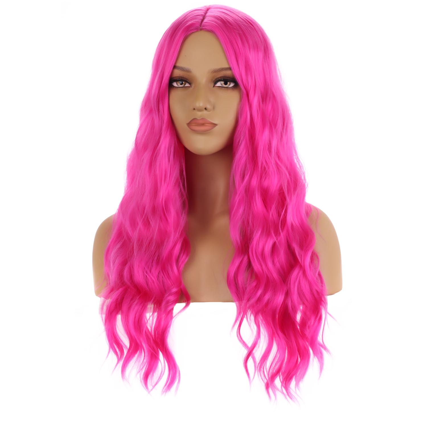 RightOn Hot Pink Wigs Long Wavy Wig for Women Curly Heat Resistant Hair Wigs Cosplay Party with Wig Cap