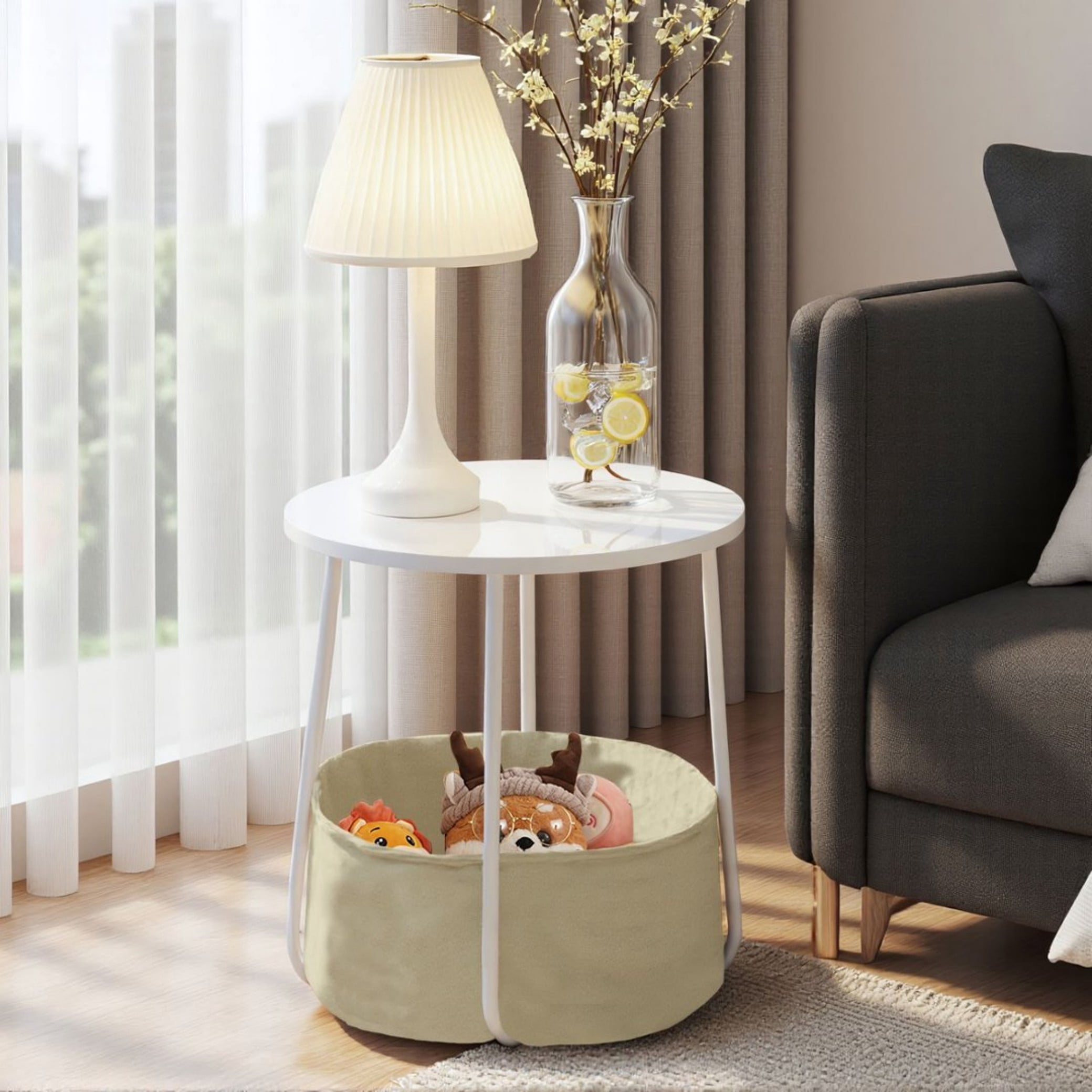 BSHTI 18" Round Coffee Table with Fabric Storage Basket – Space-Saving End Table for Living Room, Bedside Nightstand, Matte White & Beige