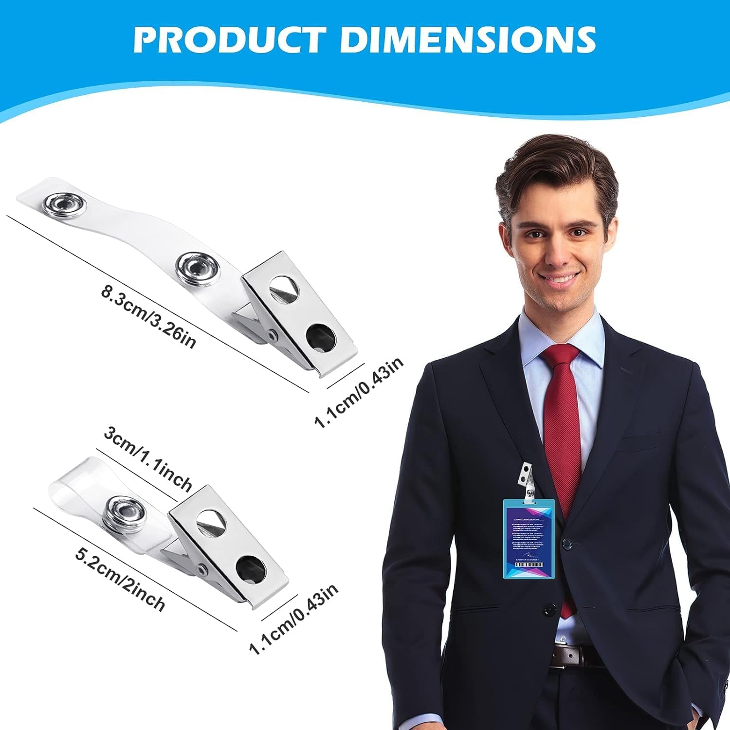 300Pcs Metal Badge Clips with Clear PVC Straps, Premium Double Hole Metal Badge Clips for ID Cards, Badge Holders, Name Tags Work Badges