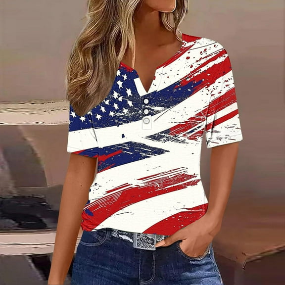 Women Tops under $5! Cagogo 4th of July Shirts for Womens Stars Stripes Independence Day V Neck Tunics Short Sleeve Patriotic Graphic American Flag Summer Trendy Blouses Outfits Clothes