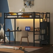 Twin XL Size Loft Bed with Desk and Stairs, Metal Loft Bed Frame with Wardrobe and USB Charging Station, High Loft Bed with LED Light for Kids Teens Adults-Black