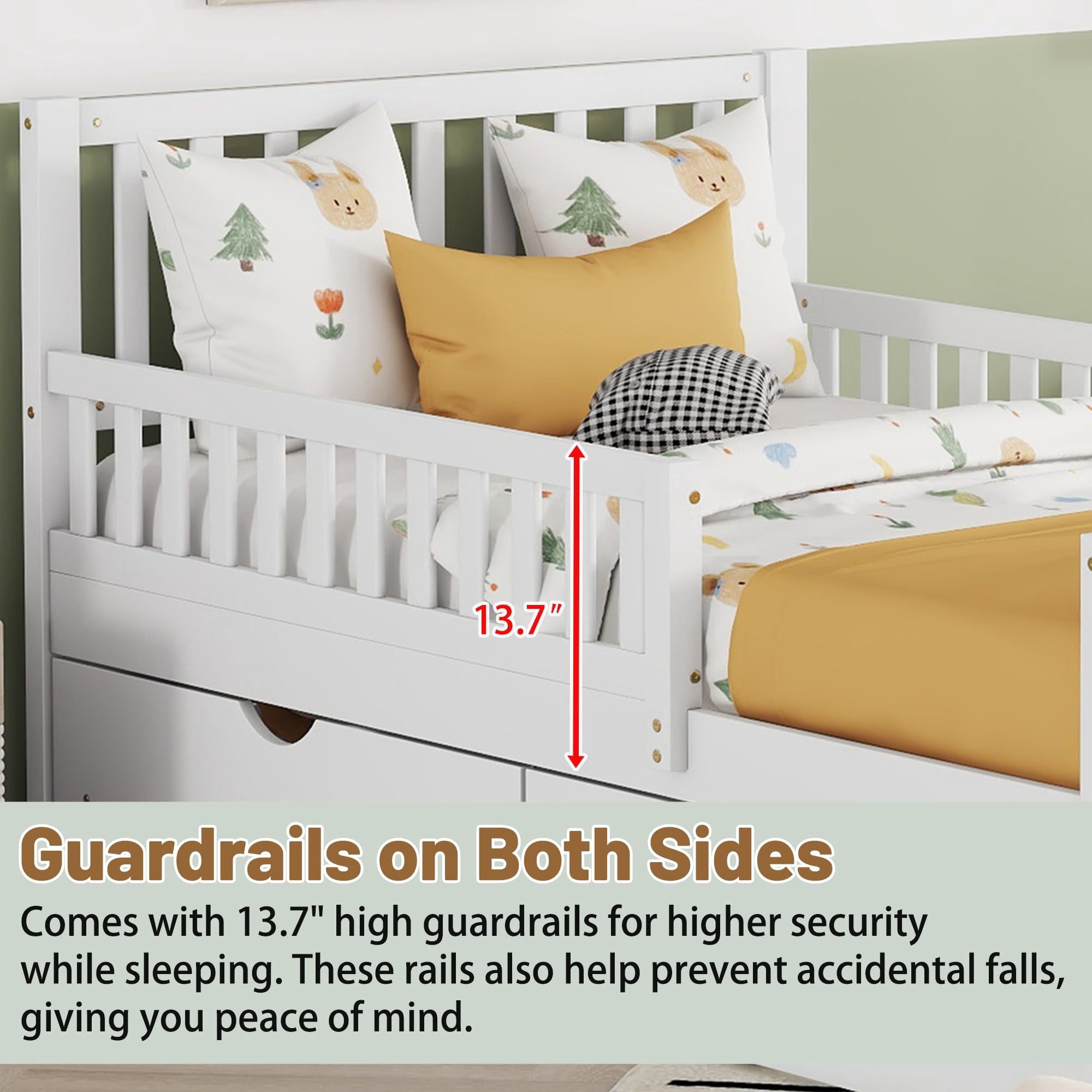 Mirightone Full Bed Frame, Wood Full Size Bed with Storage Drawers, Full Storage Bed with Guardrails on Both Sides . ( White)