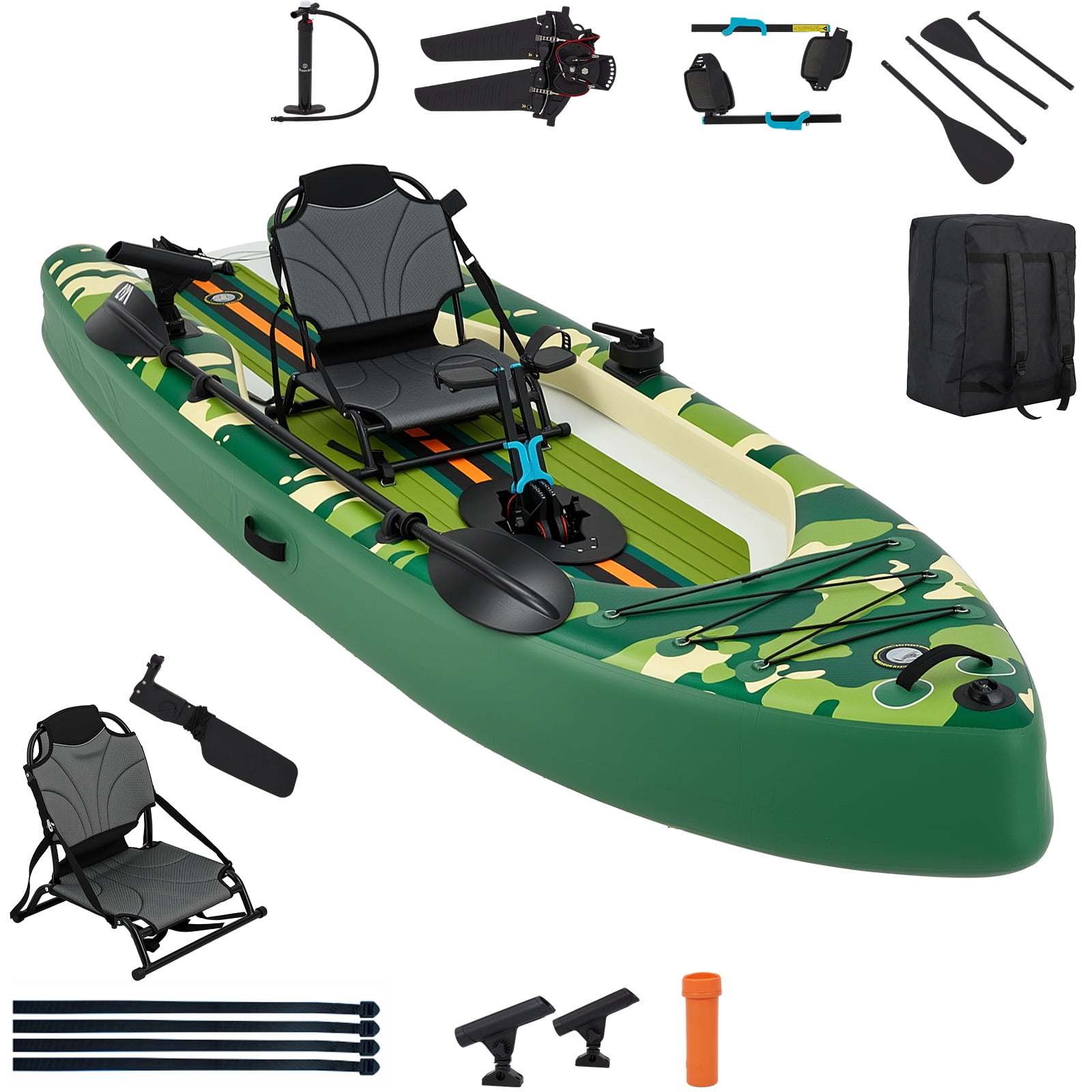 Danrelax 12ft Inflatable Kayak with Pedal System, Lightweight & Portable with Aluminum Seat, Rudder System, and Accessories Included, Green & Camouflage