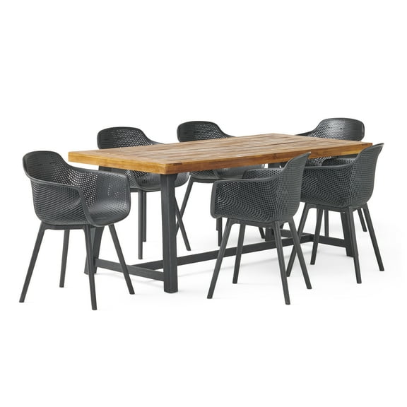 Roma Wood and Resin Outdoor 7 Piece Dining Set, Black and Sandblasted Teak