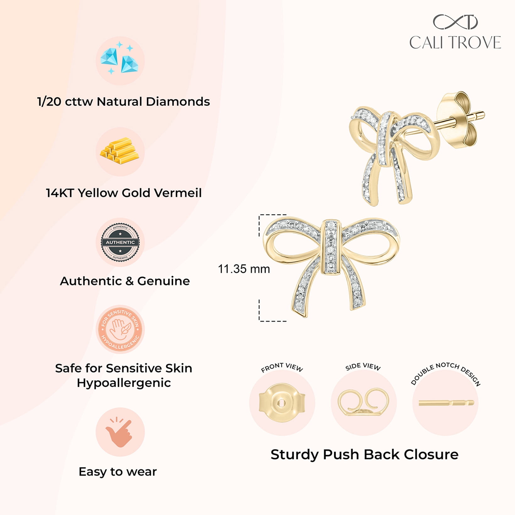 Cali Trove 1/20 Ct Diamond Bow Stud Earring for Women 14K Yellow Gold Vermeil on Sterling Silver
