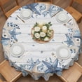 thumbnail image 2 of Blue Coastal Round Tablecloth 54 inches Seashell Starfish Conch Eucalyptus Leaf Board Waterproof Oil-Proof Table Cloth Round Table Cover for Holiday Party Picnic Dinner Decor Indoor and Outdoor Use, 2 of 9