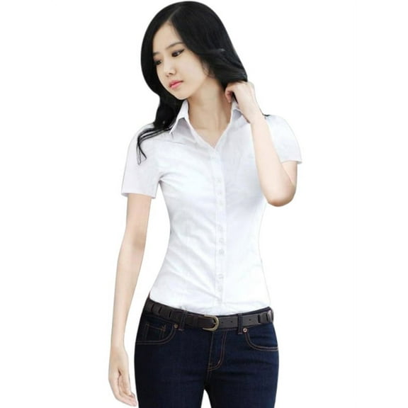 Women Lady Lapel Collar Short/Long Sleeve Button Shirts Office Blouse