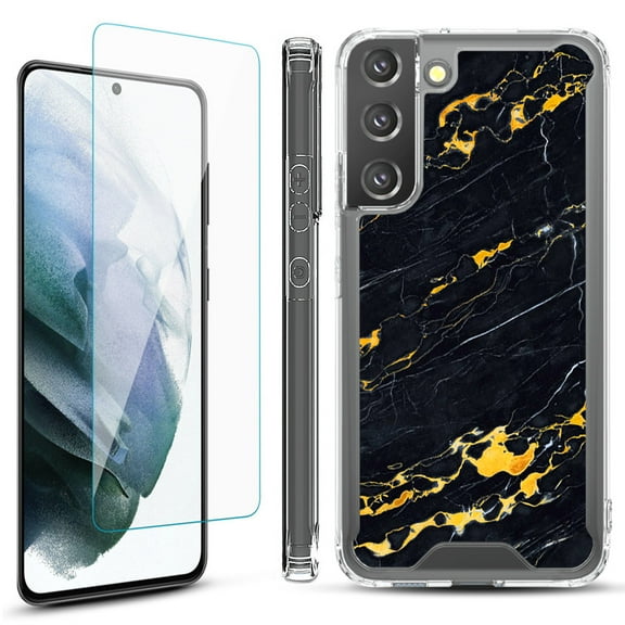 Shockproof Bumper Phone Case for Samsung Galaxy S22  / S22 Plus 5G, with Tempered Glass Screen Protector, by OneToughShield ® - Marble / Lava