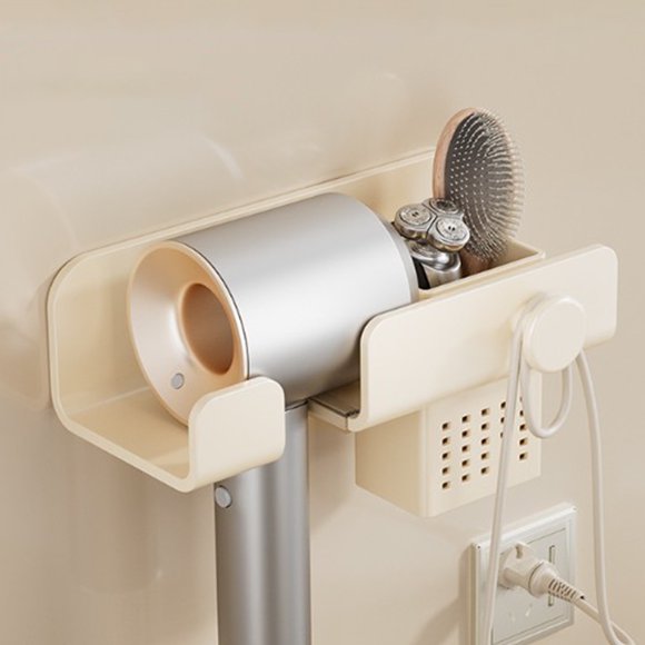 Soporte plegable para secador de pelo de pared | Montaje adhesivo sin taladro | Estante para secador de pelo con gancho para joyas y cables | Blanco, gris, beige