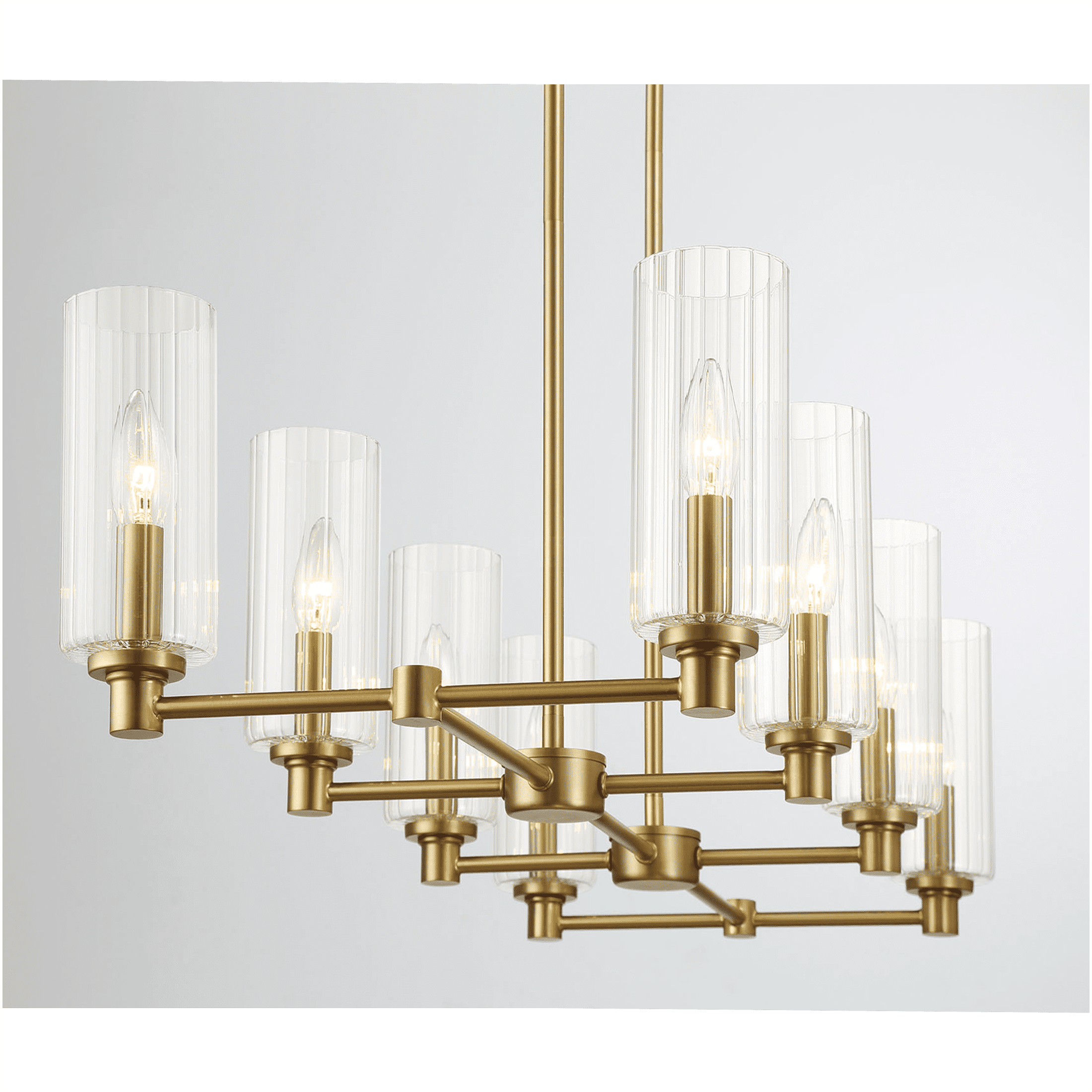 JERFIT 8-Light Pendant Light Fixture for Kitchen Island, Antique Gold and Clear Ribbed Glass Chandelier, Modern Ceiling Hanging Lamp