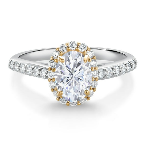 Gem Stone King 10K White Gold White Moissanite Lab Grown Diamond Halo Engagement Ring for Women (1.21 Cttw, Oval 7X5MM, Gemstone, Size 5)