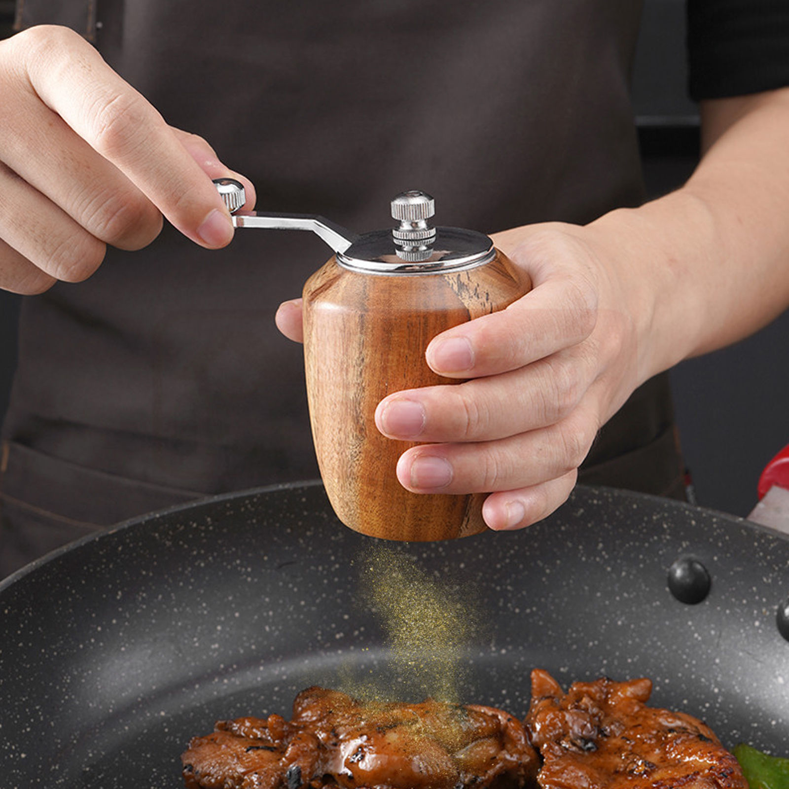 Wooden Pepper Mill Grinder With Metal Crank Handle,Hand Shake Wood Pepper Grinder With Ceramic Core,Refillable,Enjoy Fresh Ground Pepper And Various Spices--primary color