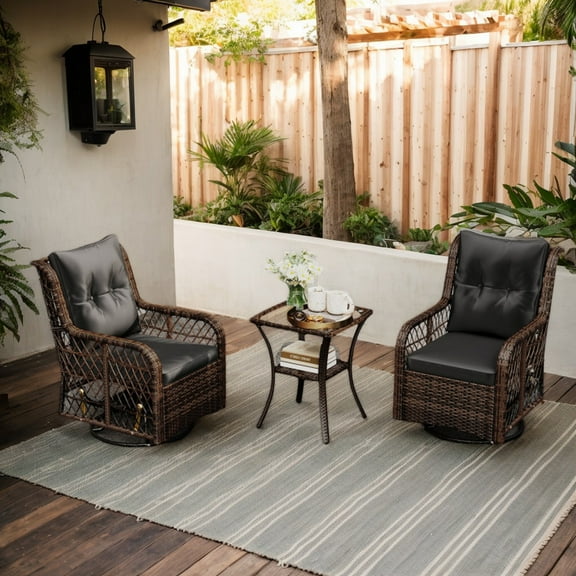 Spaco 3 Pieces Patio Furniture Set with 2-Tier Side Table and Cushions, PE Wicker Swivel Glider Chairs for Patio, Garden, Backyard, Black