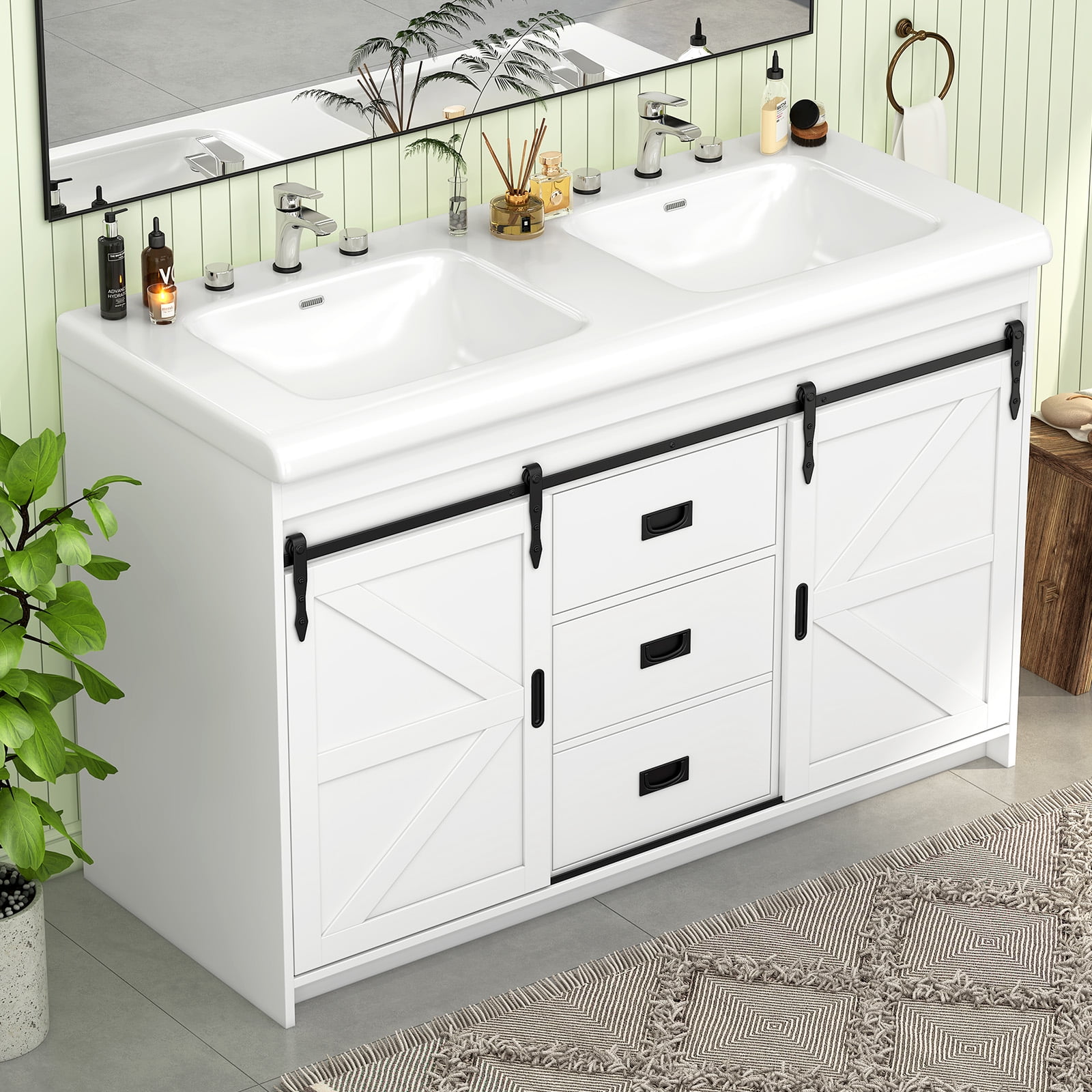 Ciumeeo 48" Bathroom Vanity Dual Basin Bathroom Storage Cabinet with Marble Countertop, White