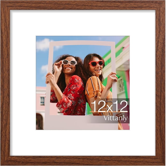 Vittanly 12x12 Picture Frame, Display Pictures 8x8 with Mat or 12x12 without Mat, Premium Material with Shatter Resistant Plexiglass, Square Frame for Wall Mounting, Home Decor, Walnut Brown, 1 Pack