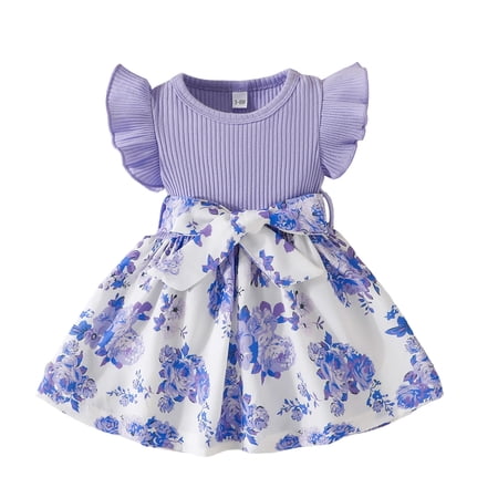 Girls Floral Dress Summer Toddler Fashion Flutter Sleeve Dress with Print Contrast for Kids Dresses for Girls 9-12 Months