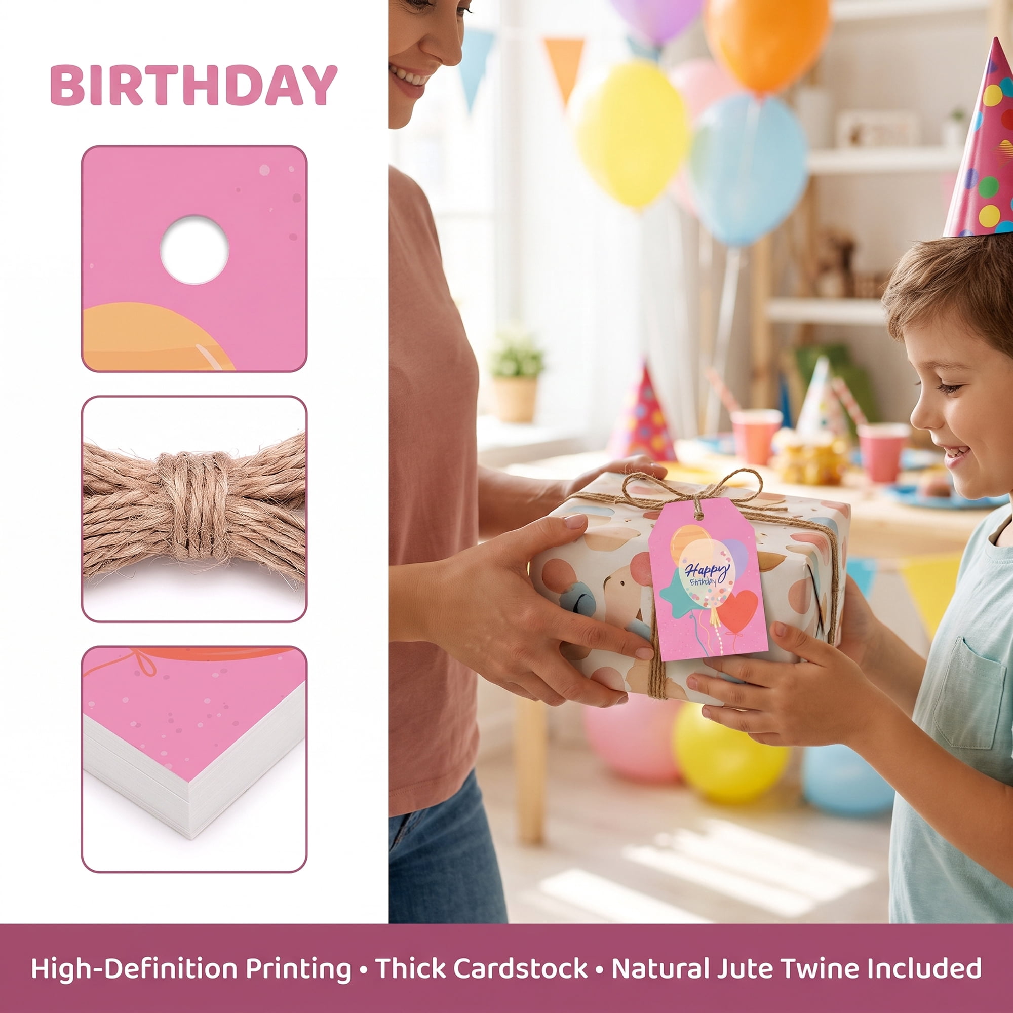 Unique Bargains 100Pcs Elegant Birthday Gift Tags with Twine Multicolor 2" x 3.1"