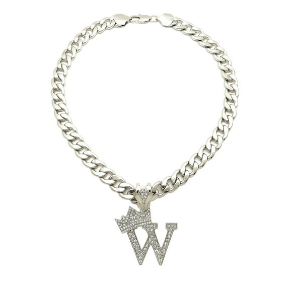 iJewelry2 Kings and Queens Crowned Initial Letter W Crystals Pendant Silver-tone Cuban Linked Chain Necklace