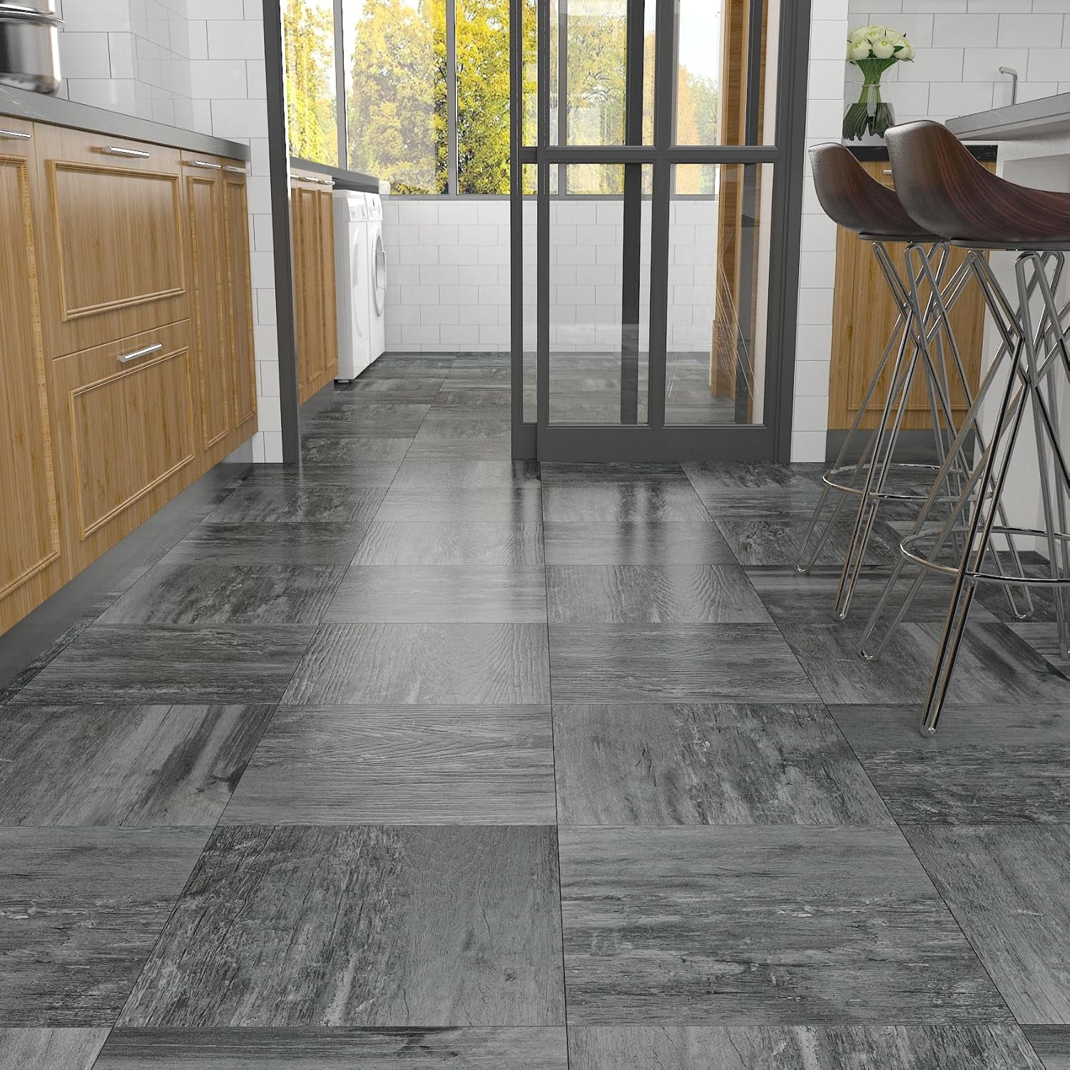 Dark Grey Peel and Stick Floor Tile Wood Look Waterproof Vinyl Flooring Gray Laminate Wood Flooring Tiles Adhesive Kitchen Floor Tile Stickers Stick on Floor Tiles Bathroom 12x12 4-Sheets