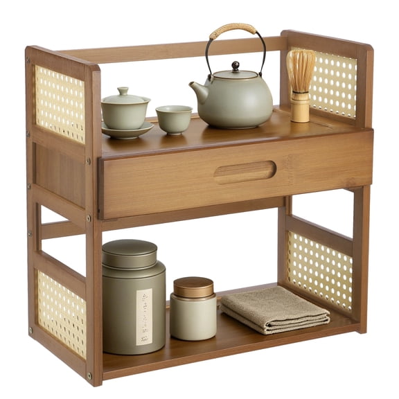 Wooden Desktop Shelf with Drawer, 2-Tier Coffee Station Organizer, Multi-functional Countertop Storage Shelf for Home, Kitchen and Office, 15.7 x 8 x 15.2 Inch