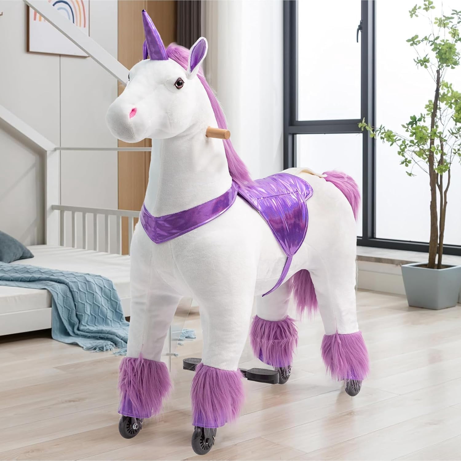 Ride on Unicorn, Cuoote Ride on Toys with Mechanical Walking Action, Plush Animal Rider for Girls 7 to Adult, No Battery Needed, Max Load 187 LBS