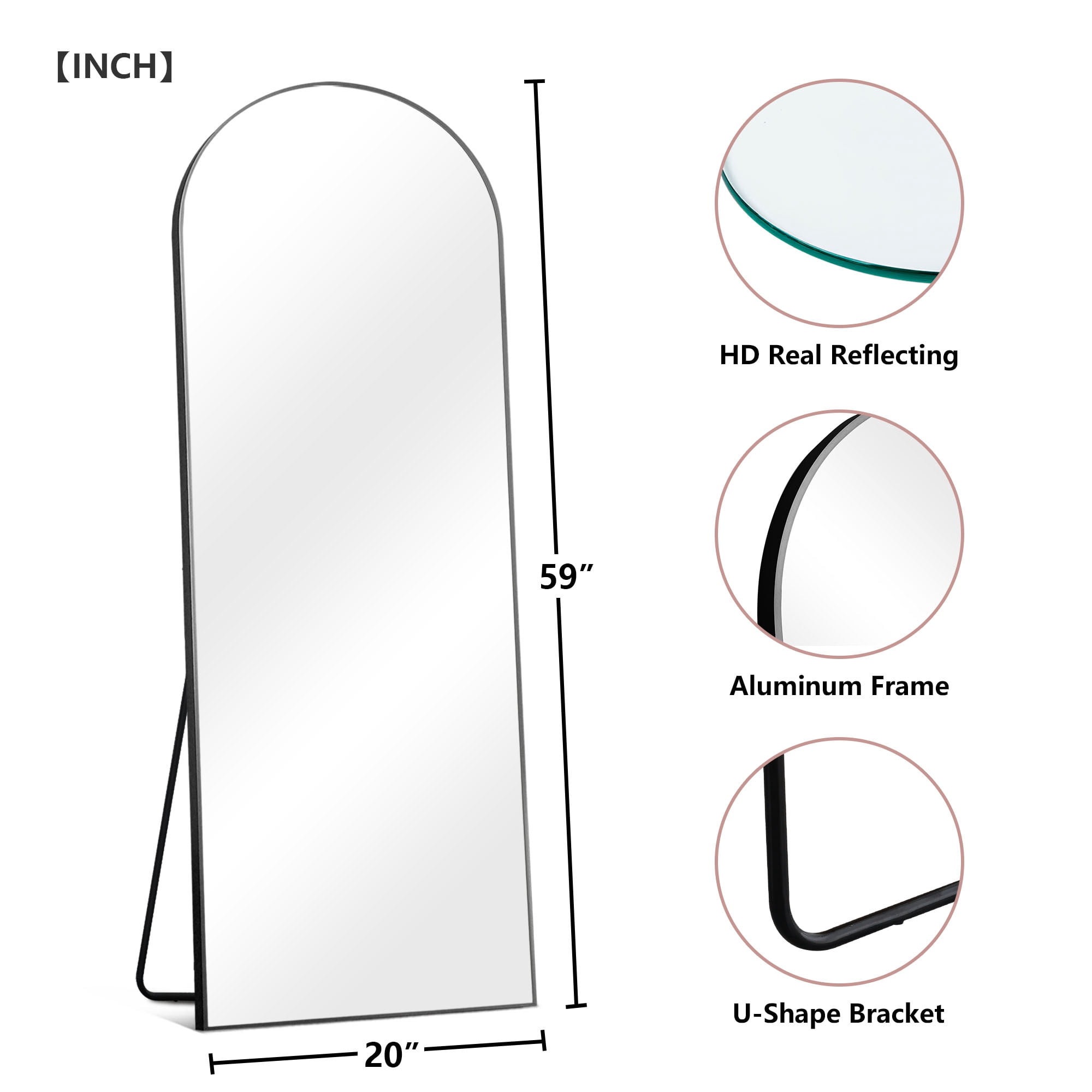 59"x20" Aluminum Alloy Full-length Mirror Arch Decorative Mirror with Bracket Black