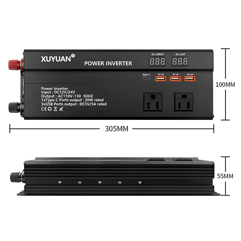 JahyElec 2000W Pure Sine Wave Power Inverter Universal DC 12V/24V to AC 110V 2-in-1 with LED Display 1Type-C 3 USB Ports