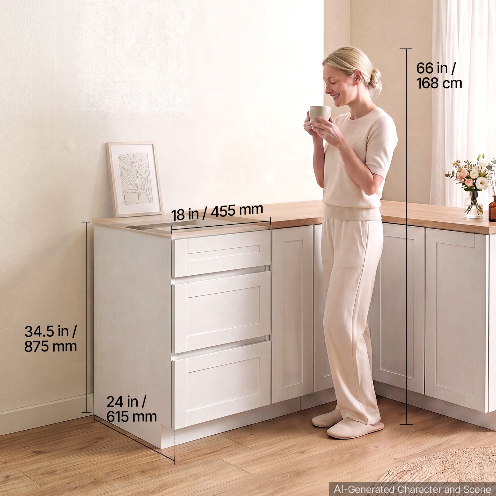 KFFKFF White Shaker Base Cabinet, 18"W, Ready to Assemble, 18" W x 24" D x 34.5" H, Featuring 3 Drawers, Soft-Close Mechanism, Durable Edge Banding, Suitable for Home, Office, or Laundry Spaces