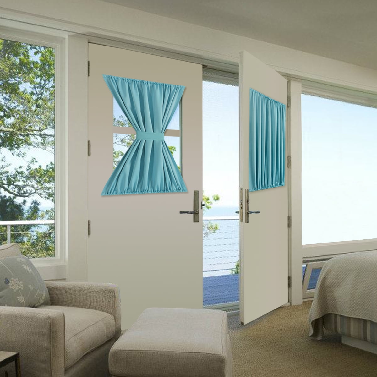 Blackout Patio Door Curtain Panel French Curtains Solid Rod Pocket Single 54 X 40 Inches Aqua Tie Back Included
