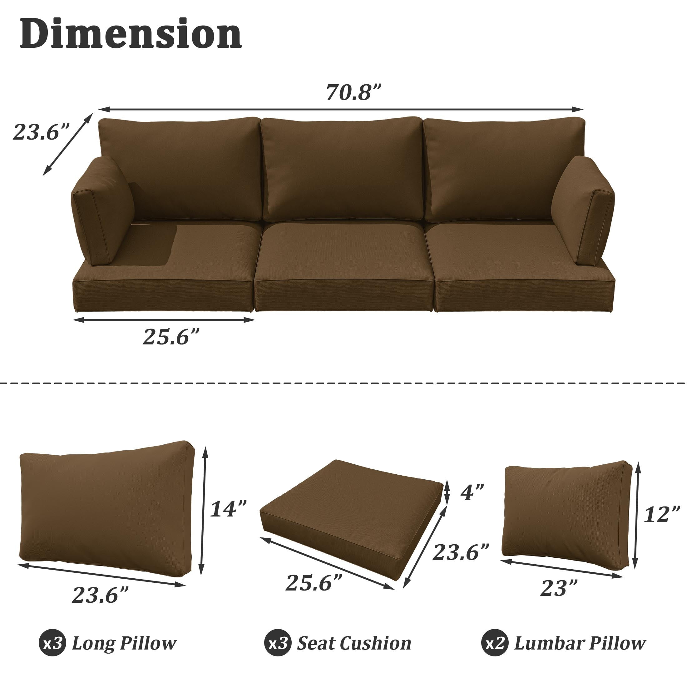 Pakunoda Outdoor Cushions Replacement, 8 Piece Sectional Cushion Fits 3-Seat, 4” Foam Deep Seat, for Patio Rattan Wicker Replacement Cushion, Liner&Cover, Chocolate
