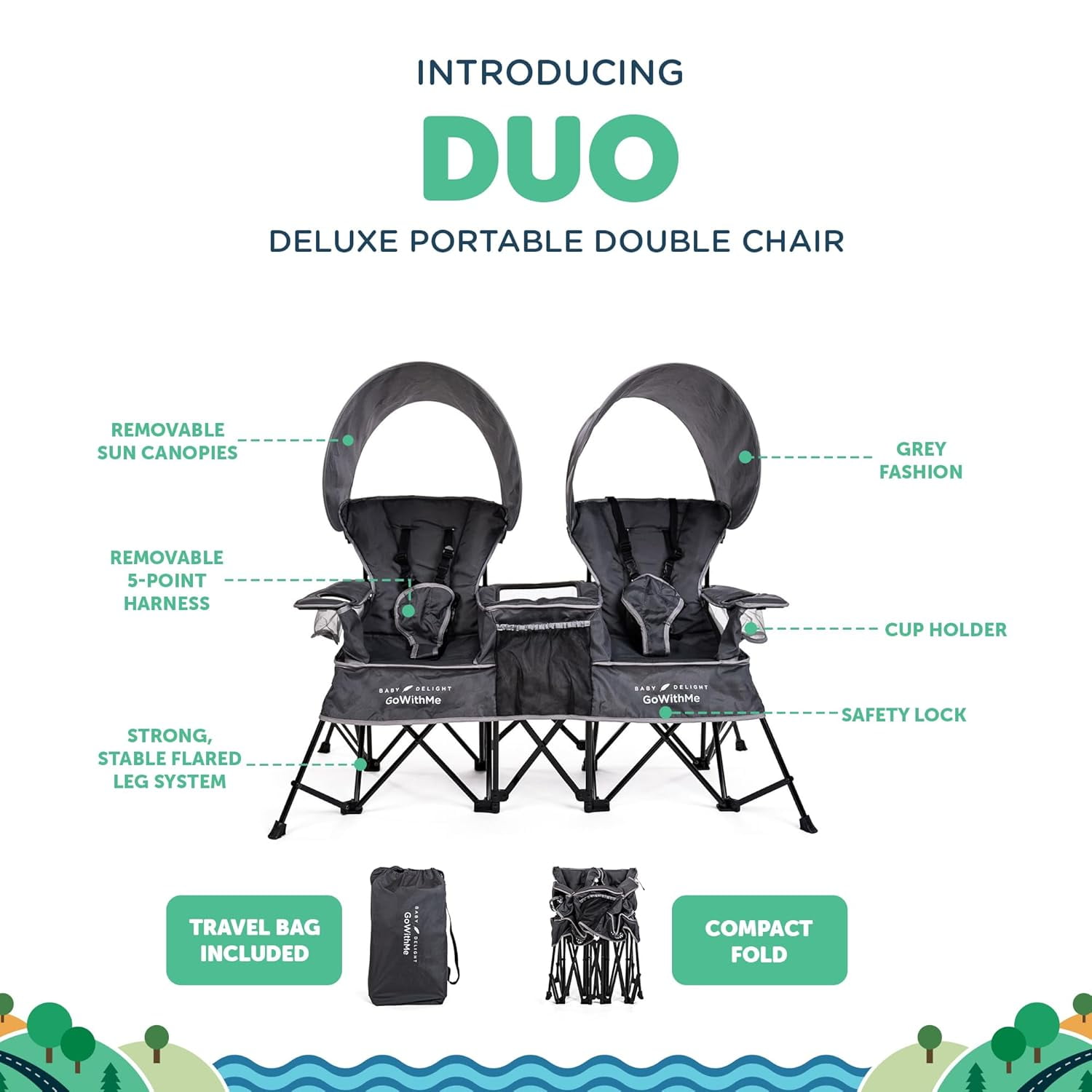 Go With Me Duo Deluxe Portable Infant Chair, Double Seat, Indoor and Outdoor, Grey