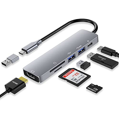 USB C HUB, 6 in 1 C Laptop Docking Station Dual Monitor with HDMI, 2 USB 3.0, SD/Micro SD Card PD Charging and USB C to A Adapter