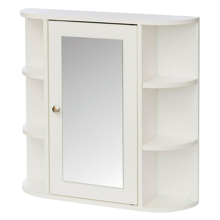 Basicwise White Wall Mounted Bathroom Storage Cabinet Organizer, Mirrored Vanity Medicine Chest with Open Shelves