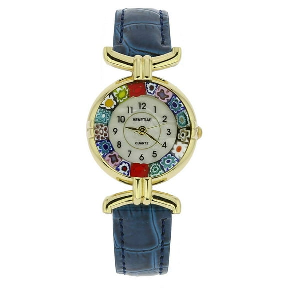 GlassOfVenice Murano Glass Millefiori Watch with Leather Band - Blue Multicolor