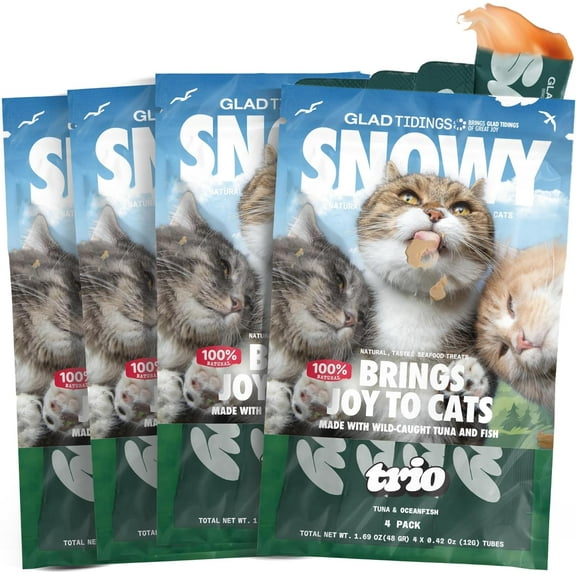 Glad Tidings Snowy's Lickable Seafood Wet Cat Treats, Topper with Vitamin E & Taurine, Tuna & Seafood, 16 Count, 1.7 Ounces ⏤ Trio