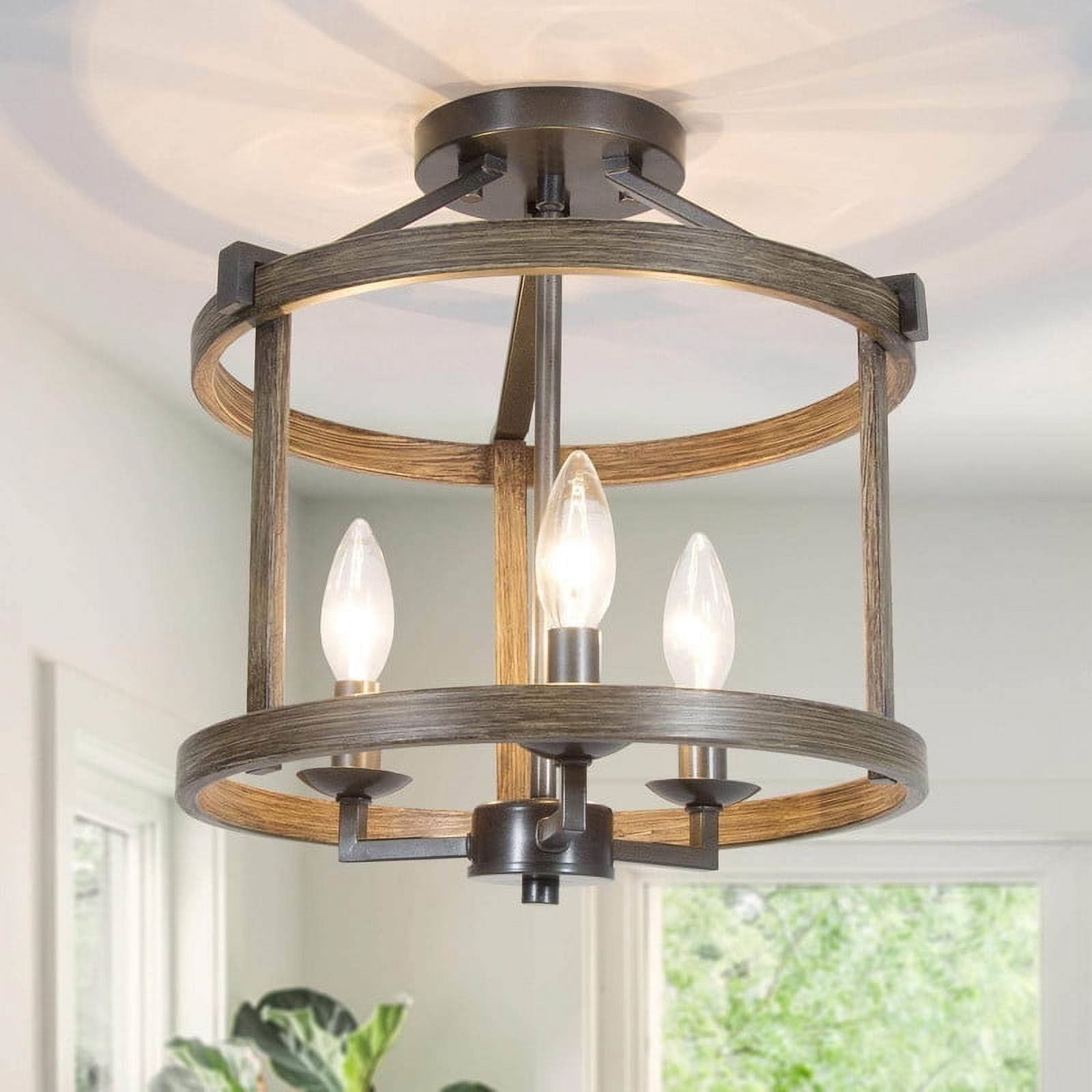 LNC 3-Light Rustic Drum Semi Flush Mount Ceiling Light with Wood Grain Metal Frame
