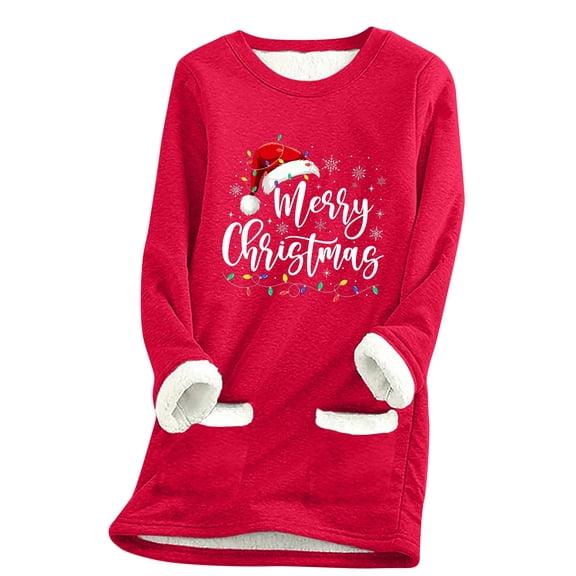 Fleece Sweatshirt for Women Merry Christmas Winter Warm Sherpa Lined Tunic Thermal Crew Neck Long Sleeve Pullover