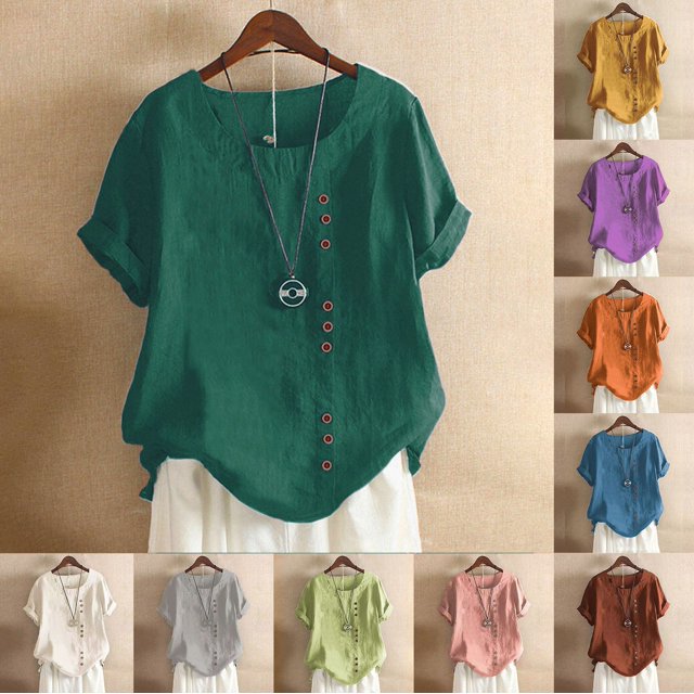 Plus Size T Shirts Solid Color Crew Neck Raglan Sleeve Slit Loose Short Sleeve Button Casual Shirts Beige M